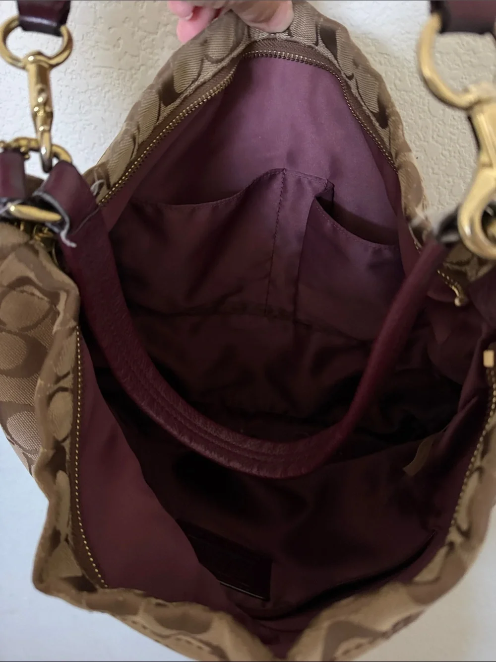 Coach Canvas Hobo Bag in Tan and Burgundy